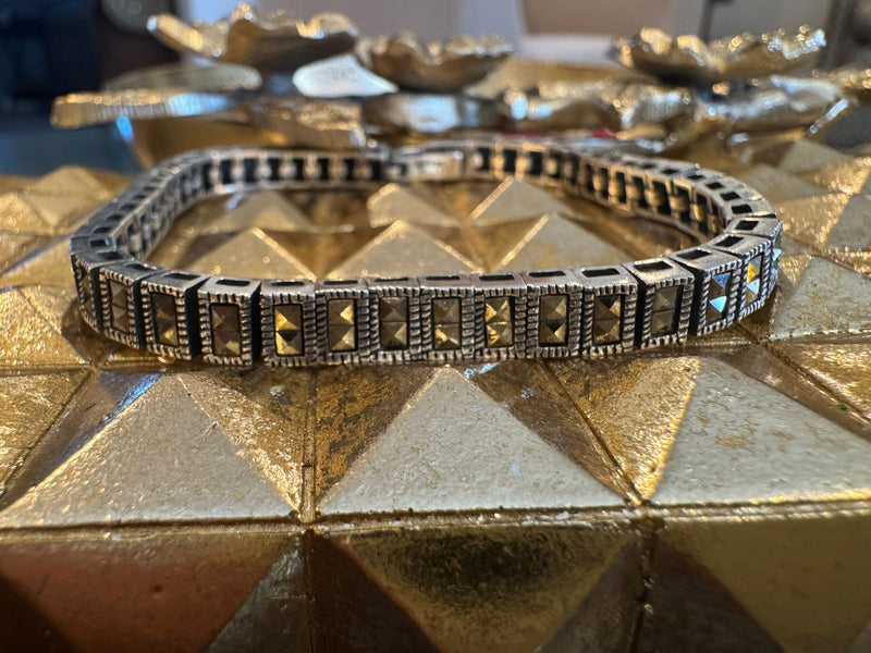 Art Deco Sterling Silver & Paste Bracelet – Vintage Marcasite Style Bracelet | Estate Jewelry | Geometric Deco Design