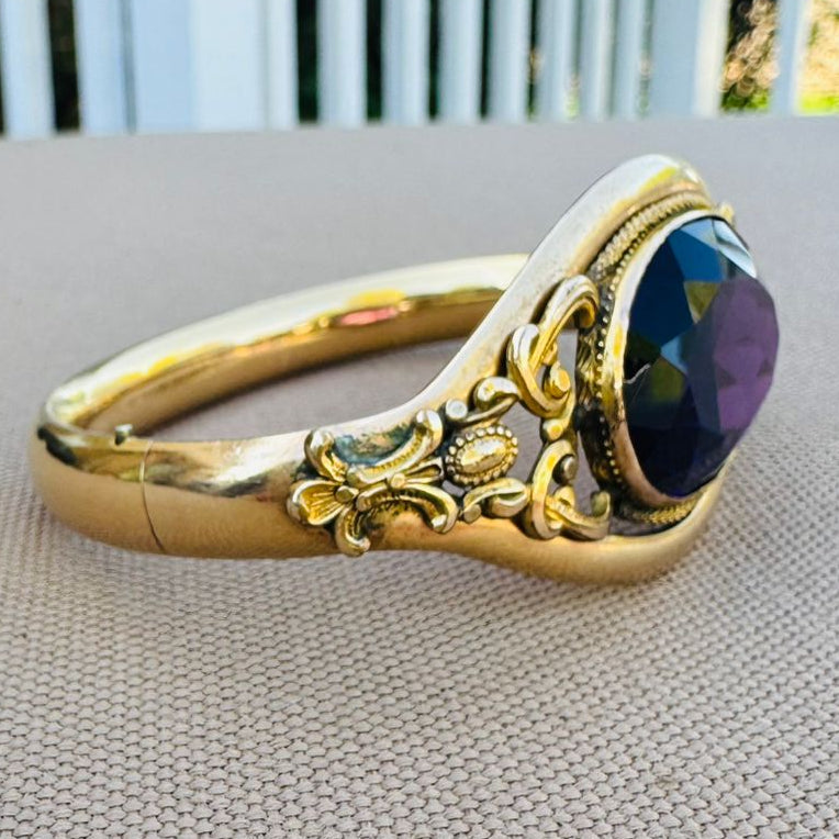 Victorian Gold Filled Bangle with Purple Stone – Antique Hinged Bracelet | Estate Jewelry | Romantic Vintage Style