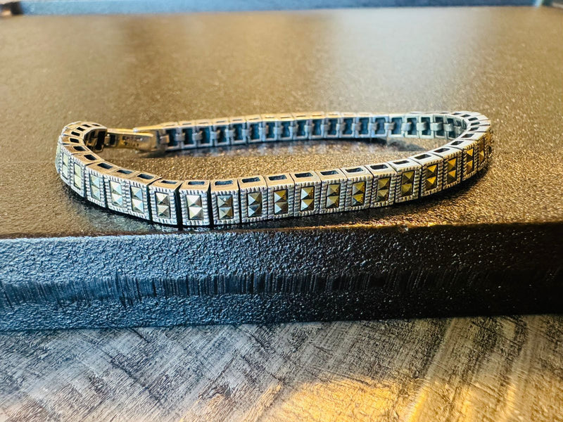 Art Deco Sterling Silver & Paste Bracelet – Vintage Marcasite Style Bracelet | Estate Jewelry | Geometric Deco Design