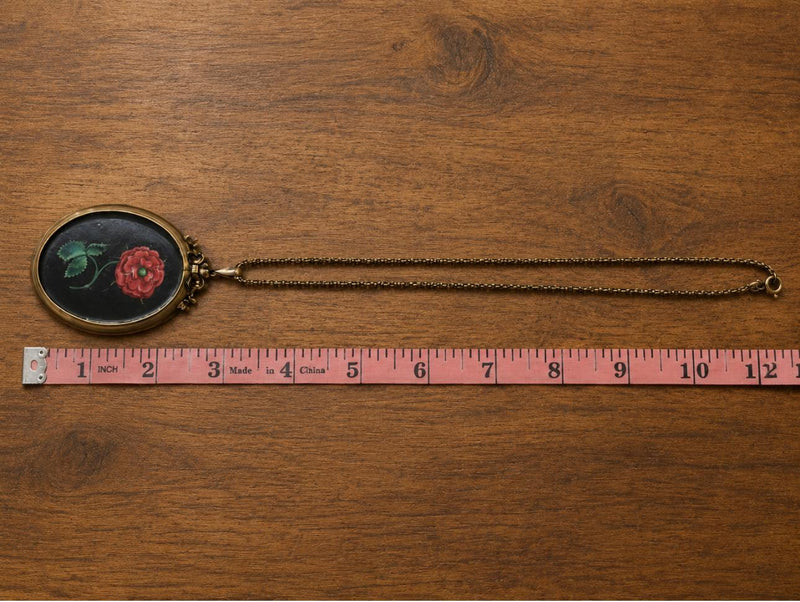Joanie, Victorian 9K painted flower necklace 24” long / pendant - 2-1/2” x 2”
