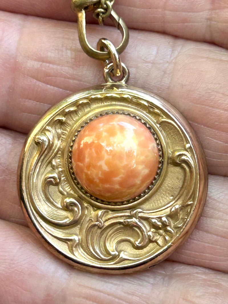 Art Nouveau gold filled faux coral locket necklace 30” long