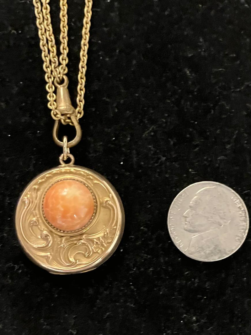 Art Nouveau gold filled faux coral locket necklace 30” long