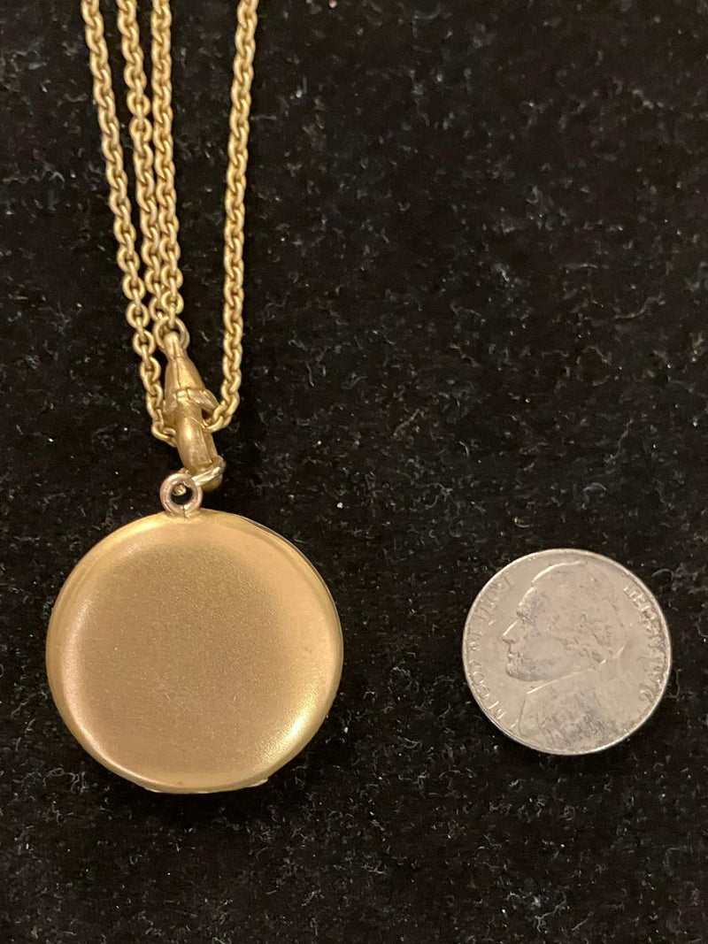Art Nouveau gold filled faux coral locket necklace 30” long