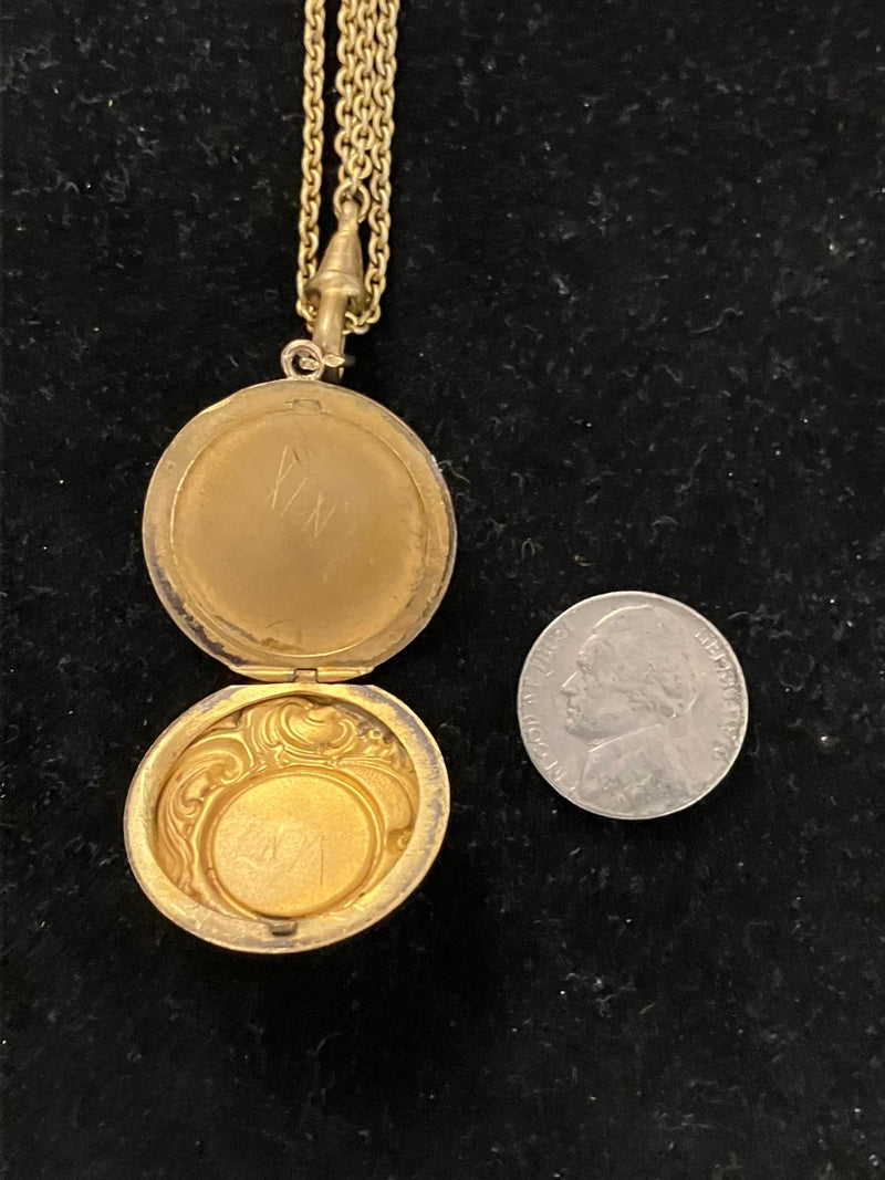 Art Nouveau gold filled faux coral locket necklace 30” long