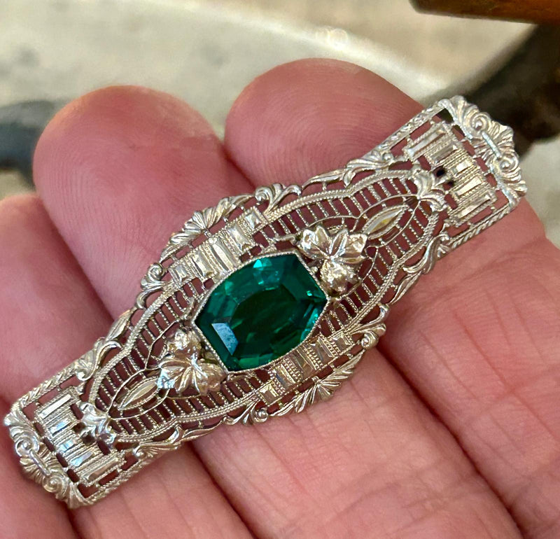 10K Art Deco Filigree Brooch with green paste stone
