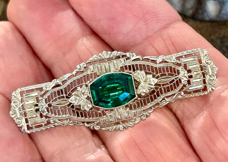 10K Art Deco Filigree Brooch with green paste stone