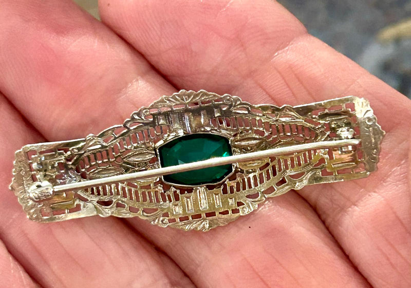 10K Art Deco Filigree Brooch with green paste stone