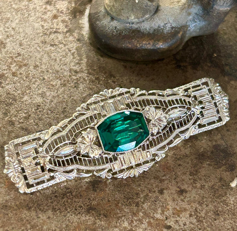 10K Art Deco Filigree Brooch with green paste stone