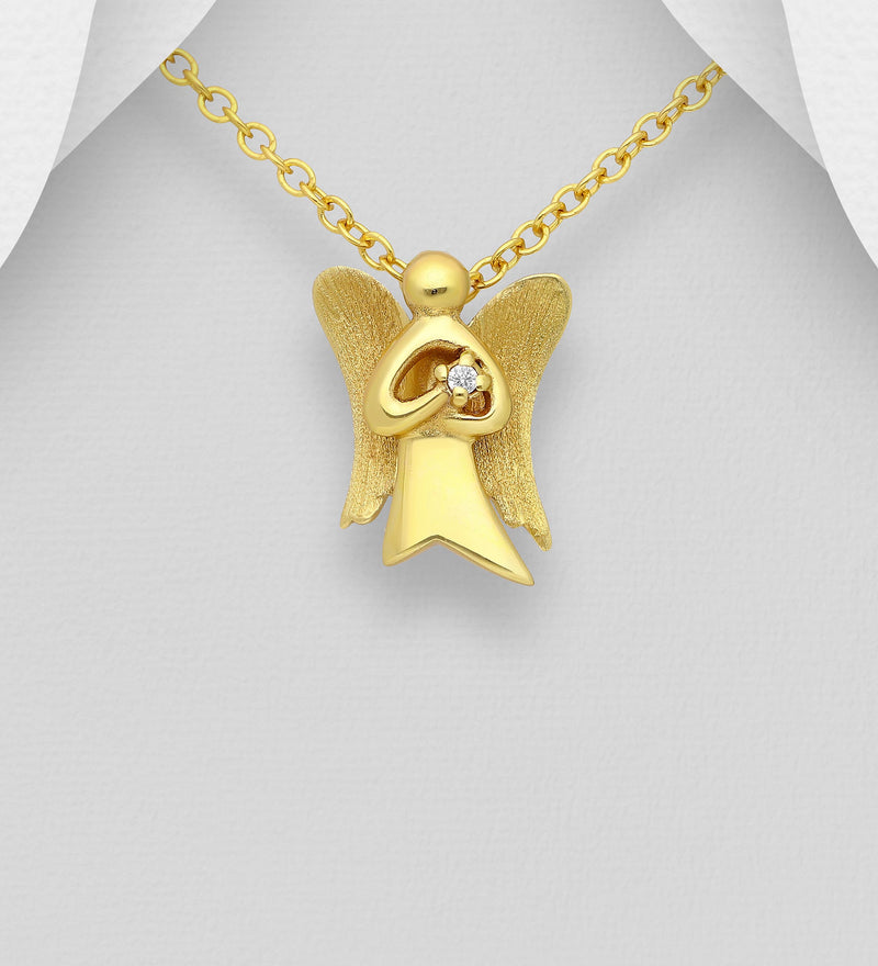 Sterling Silver Angel Pendant, Decorated with CZ Simulated Diamond, Plated with 1 Micron 14K Yellow Gold, Wings Matte Finish