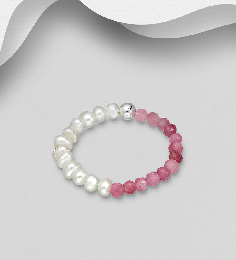 Sterling Silver Ball Stretch Ring, Beaded with Freshwater Pearls and Various Gemstone Beads