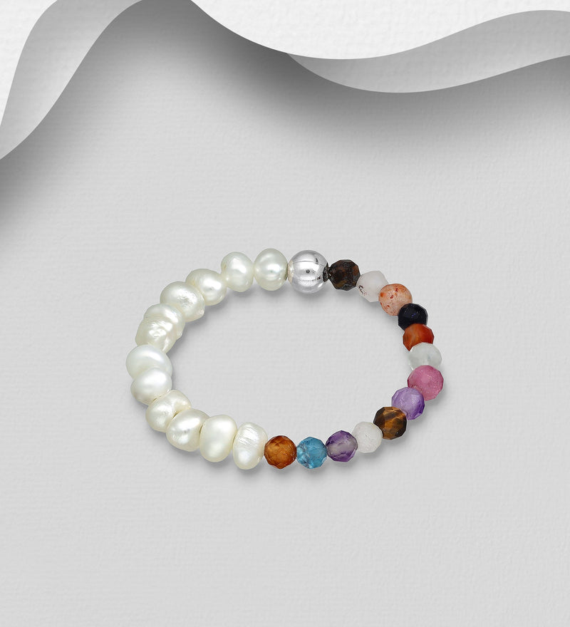 Sterling Silver Ball Stretch Ring, Beaded with Freshwater Pearls and Various Gemstone Beads