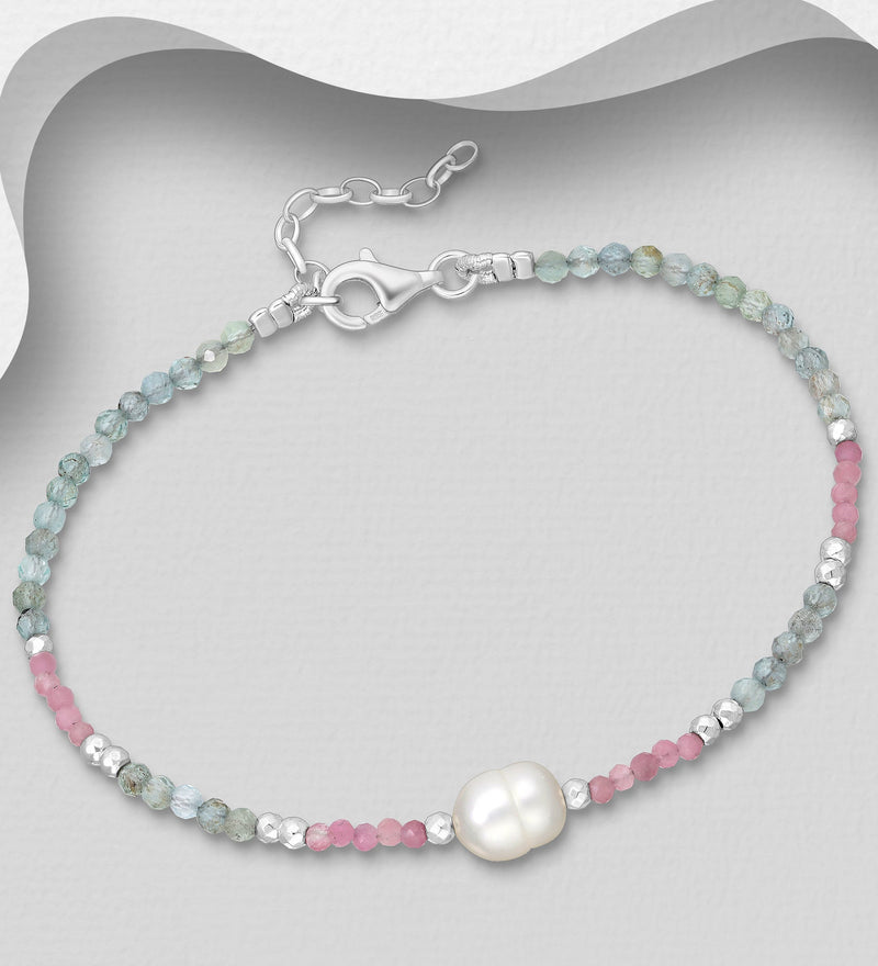 Sterling Silver Bracelet with Freshwater Pearls & Gemstone Beads -  7 - 8"