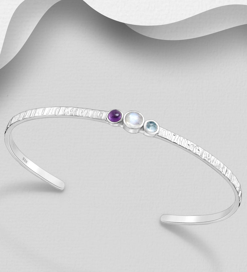 Sterling Silver Cuff with Amethyst, Rainbow Moonstone & Sky Blue Topaz