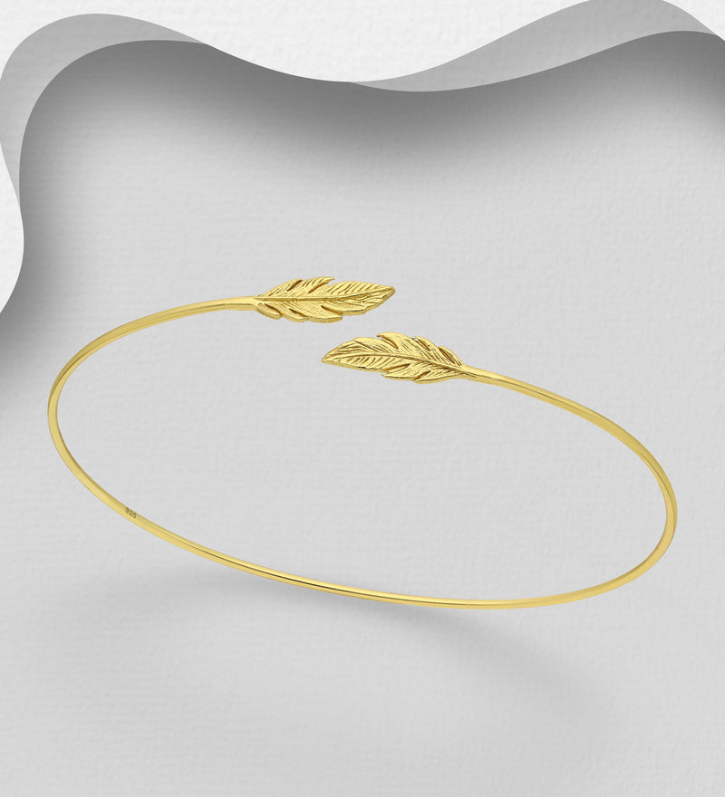 Silver Feather Cuff, Plated with 1 Micron 14K or 18K Yellow Gold