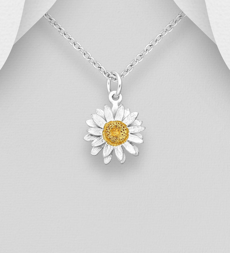 Sterling Silver Flower Pendant with Pollen Plated in 14K or 18K Yellow Gold