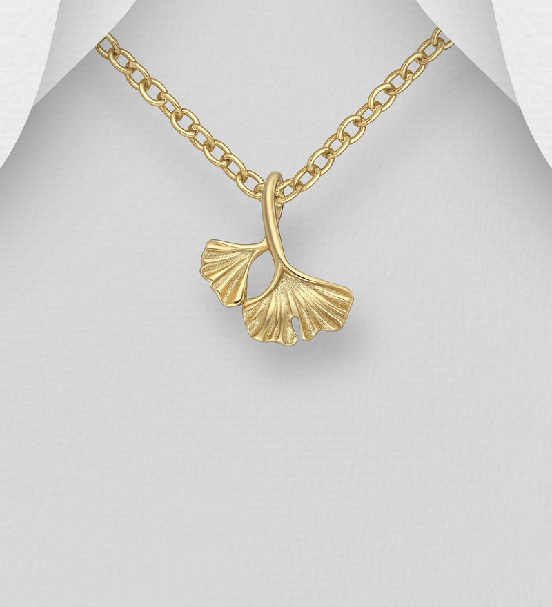 Sterling Silver Ginkgo Leaf Pendant and plated with 0.5 Micron 9K Yellow Gold