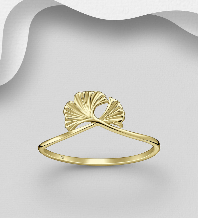 Sterling Silver Ginkgo Leaf Ring, Plated with 1 Micron 14K Yellow Gold