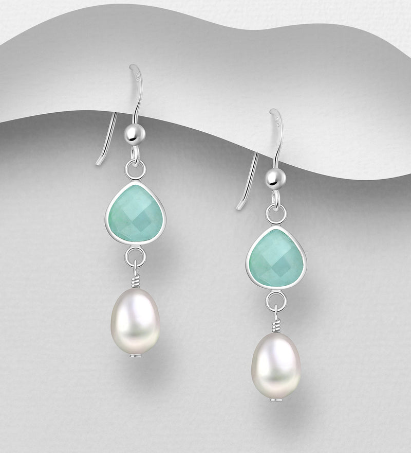 Sterling Silver Hook Earrings with Freshwater Pearls & Rose Quartz