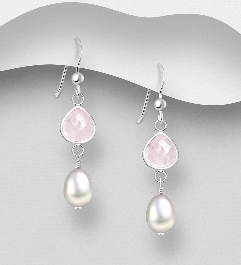 Sterling Silver Hook Earrings with Freshwater Pearls & Rose Quartz