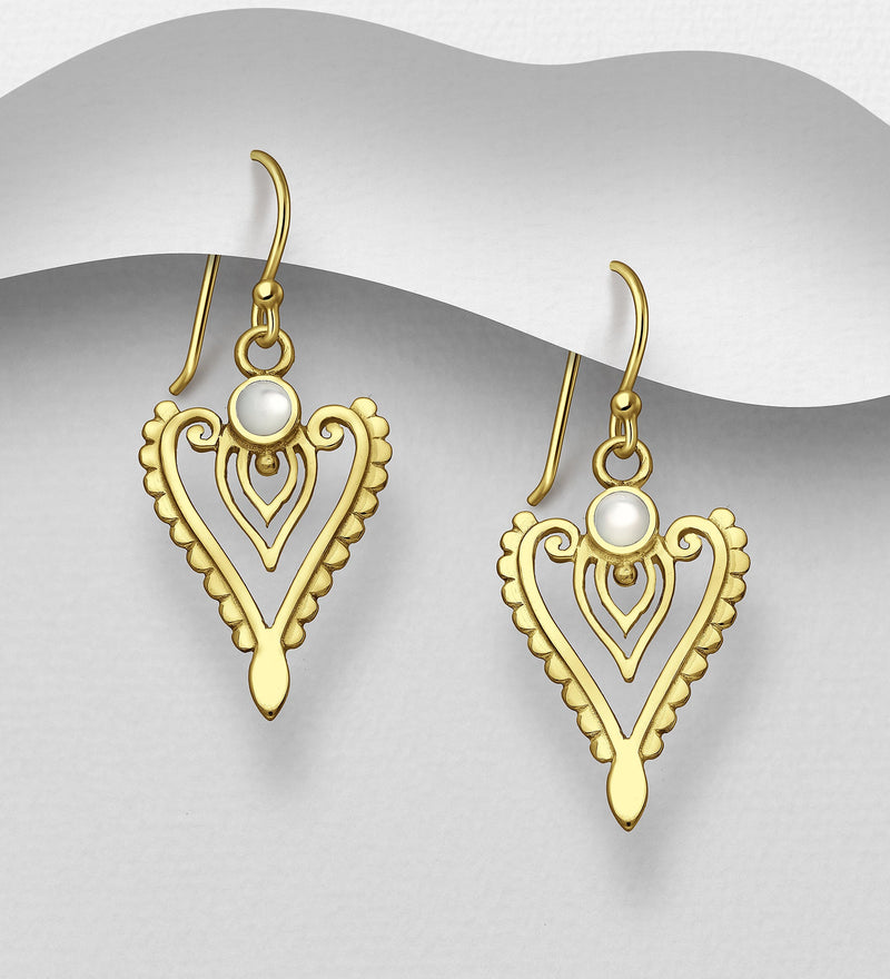 Sterling Silver Hook Earrings, Decorated with Shell and Plated with 1 Micron 18K Yellow Gold