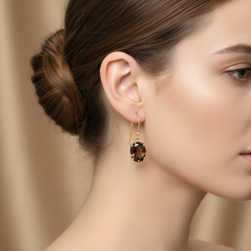 Silver Hook Earrings with Smoky Quartz, Plated with 0.5 Micron 18K Yellow Gold