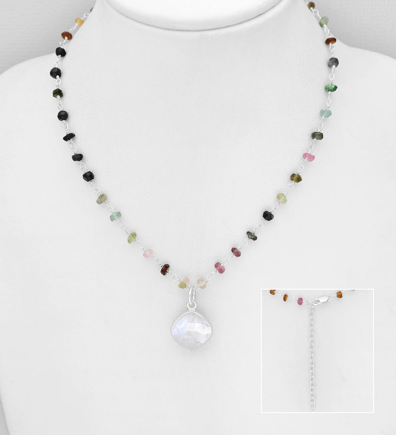 Sterling Silver Necklace with Rainbow Moonstone & Tourmaline