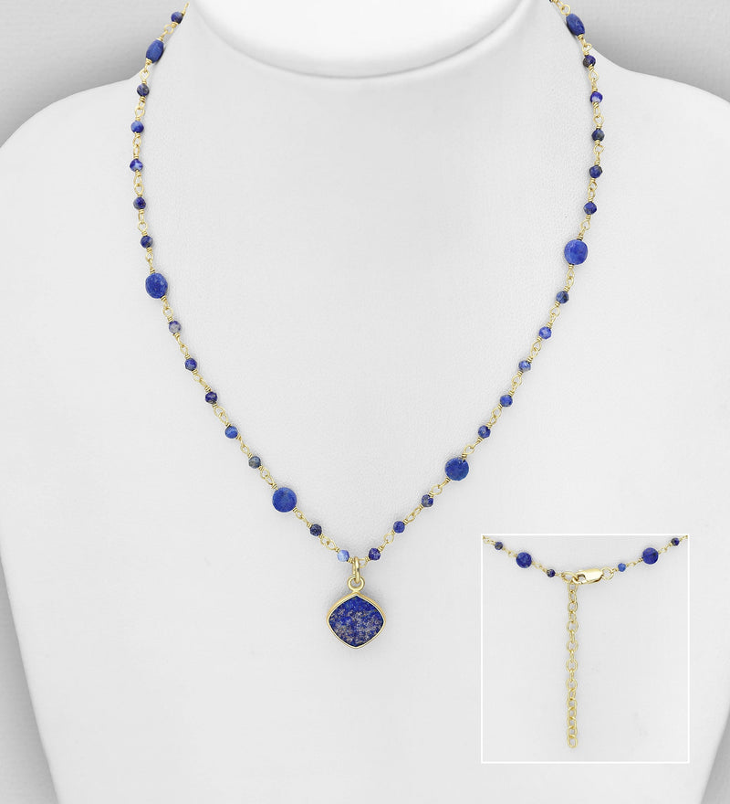 Sterling Silver Necklace with Blue Sapphire & Lapis Lazuli, 9K Gold Plated (16" - 18")