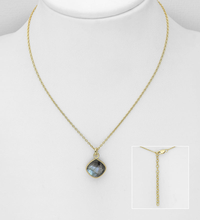 Sterling Silver Necklaces, Decorated with Labradorite and Plated with 0.5 Micron 9K Yellow Gold