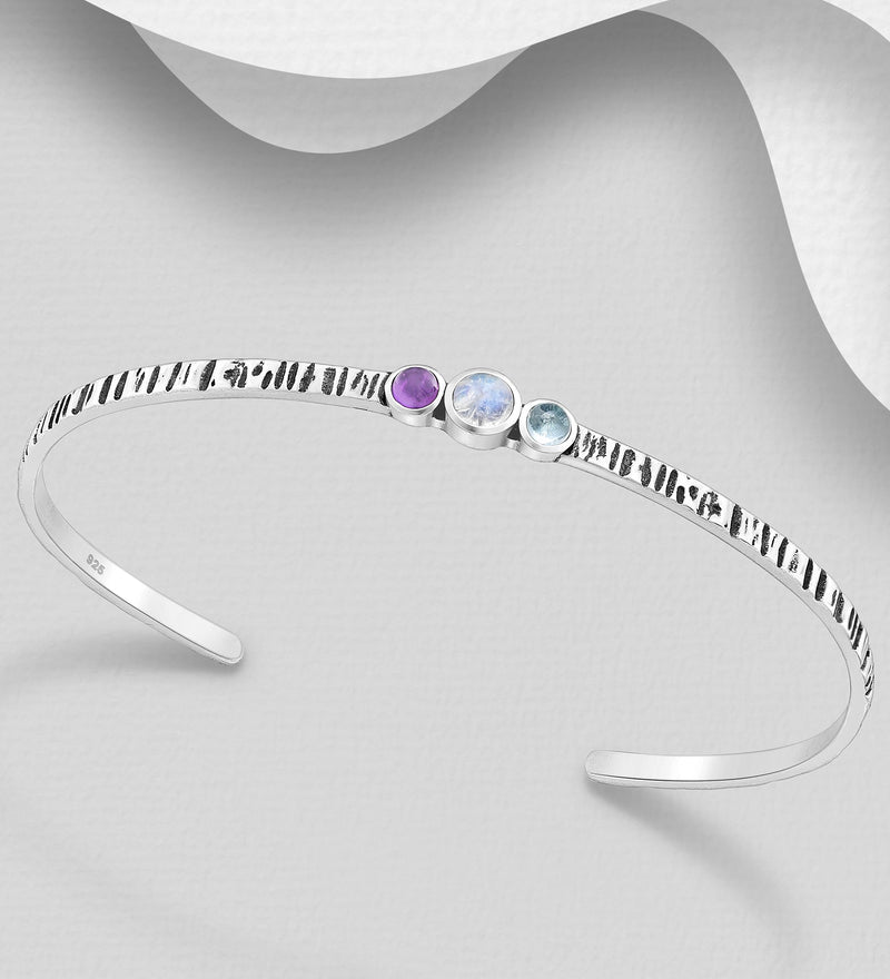 Sterling Silver Oxidized Cuff with Amethyst, Rainbow Moonstone & Sky Blue Topaz
