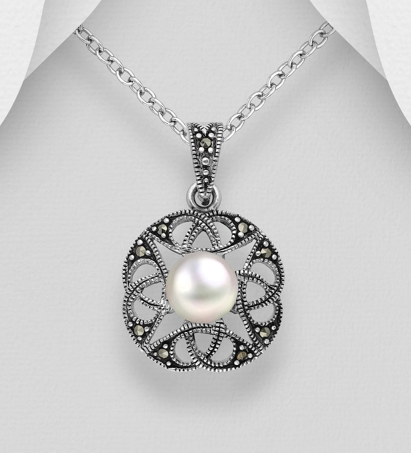 Sterling Silver Pendant with Marcasite & Freshwater Pearl
