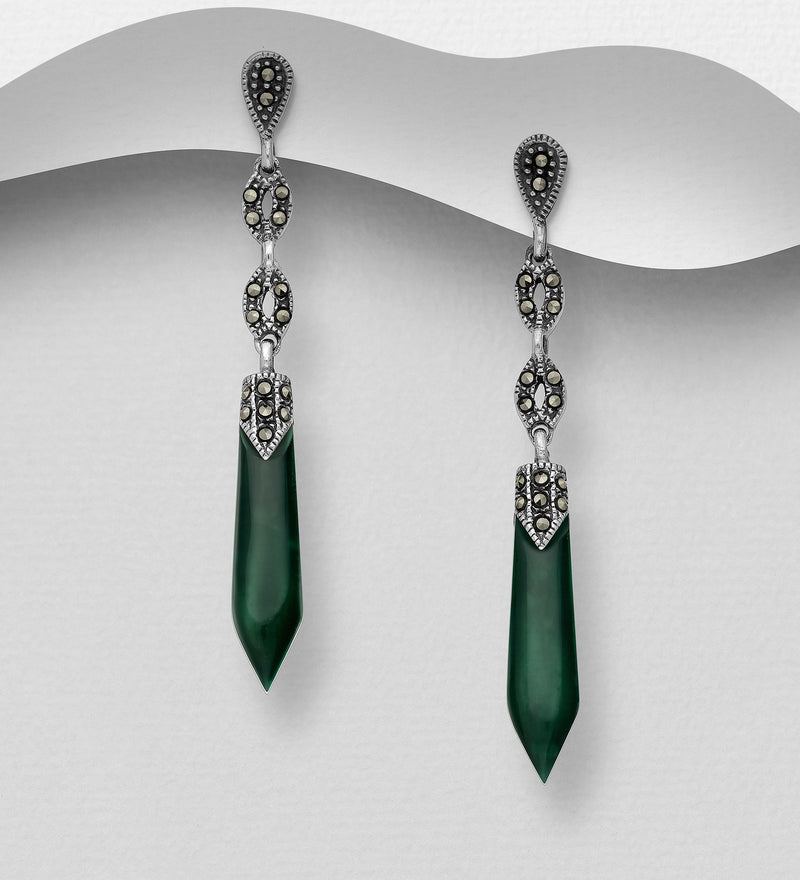 Sterling Silver Push-Back Earrings with Marcasite & Semi-Gemstones