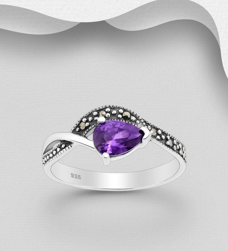 Sterling Silver Ring with CZ Simulated Diamond & Marcasite