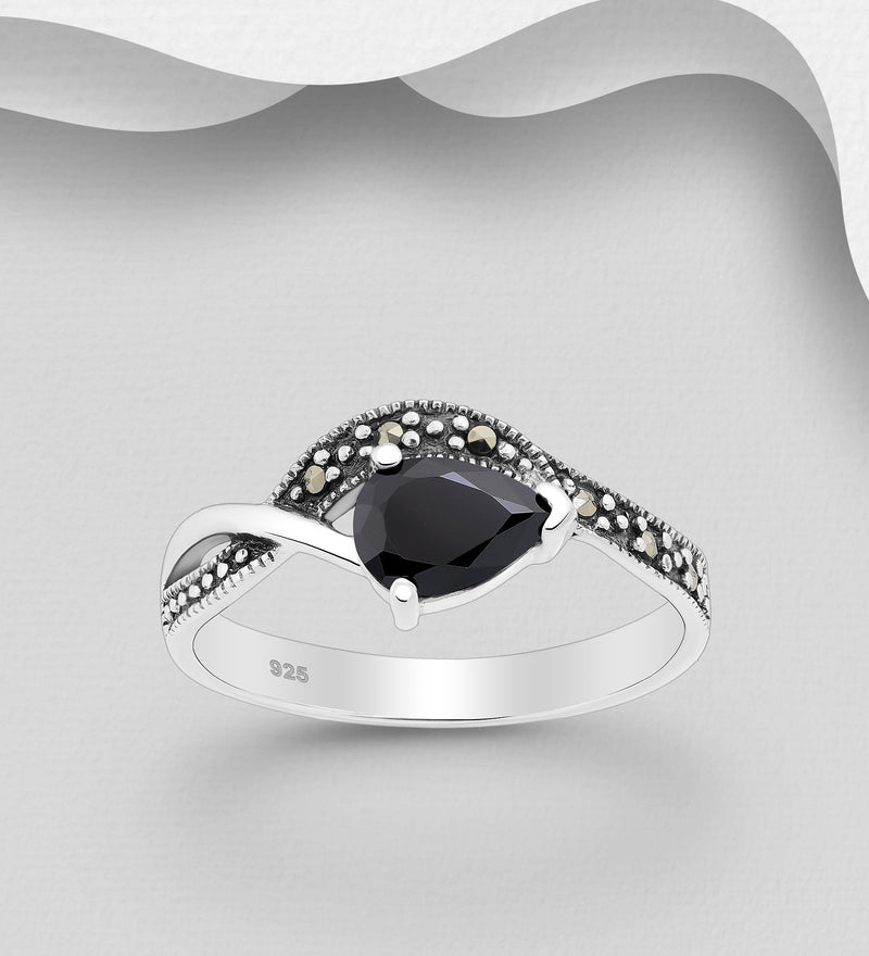 Sterling Silver Ring with CZ Simulated Diamond & Marcasite