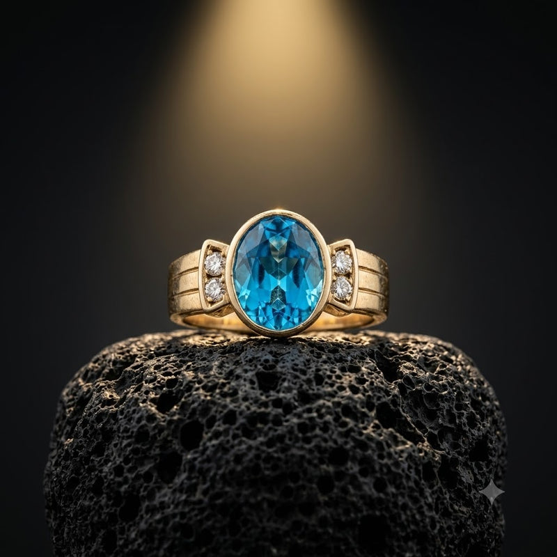14K Gold Blue Topaz & Diamond Ring