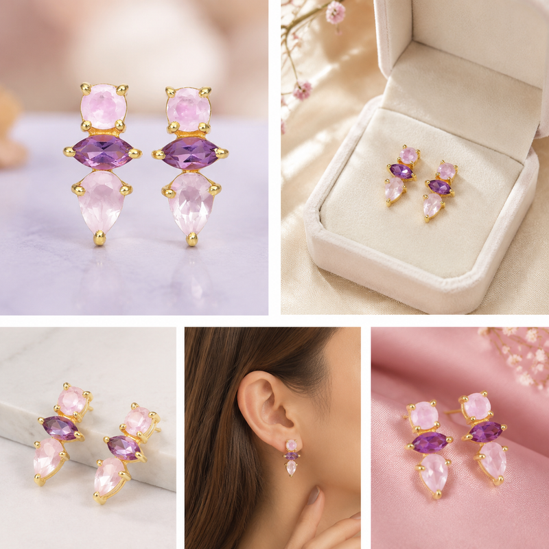 18K Gold Plated Rose Quartz & Amethyst Sterling Silver Earrings