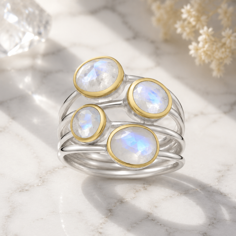 Sterling Silver Rainbow Moonstone Multi-Stone Ring, 18K Yellow Gold Plated
