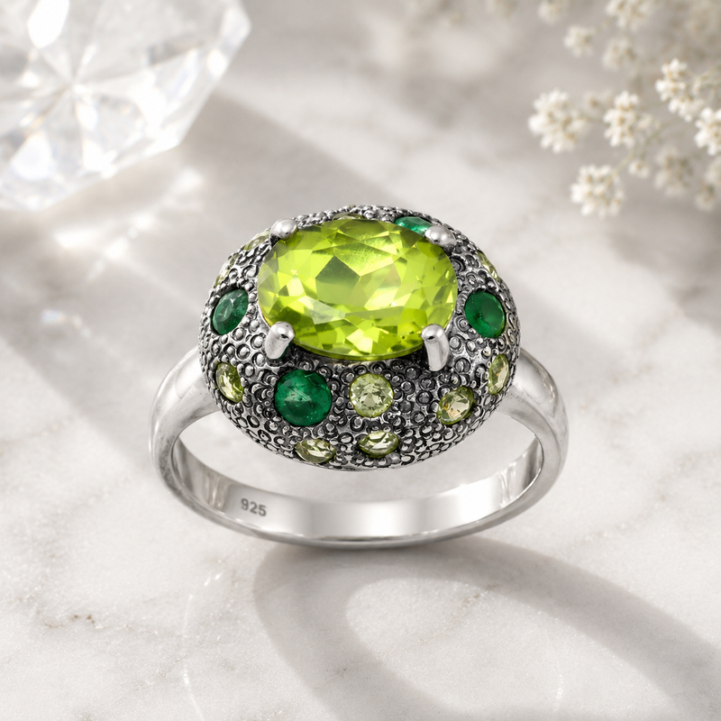 Emerald & Peridot Statement Ring, Ruthenium & Rhodium Plated