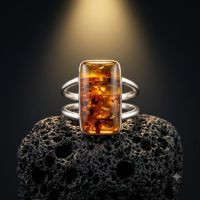 Sterling Silver Rectangle Amber Ring