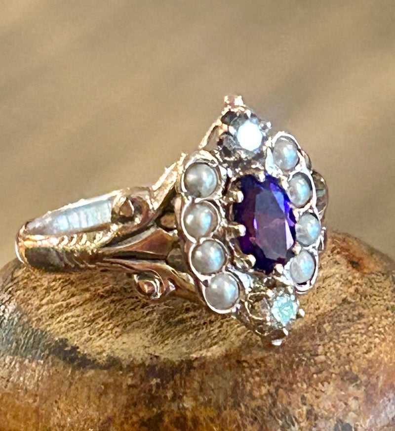 Victorian 14K amethyst, dia. & seed pearl size