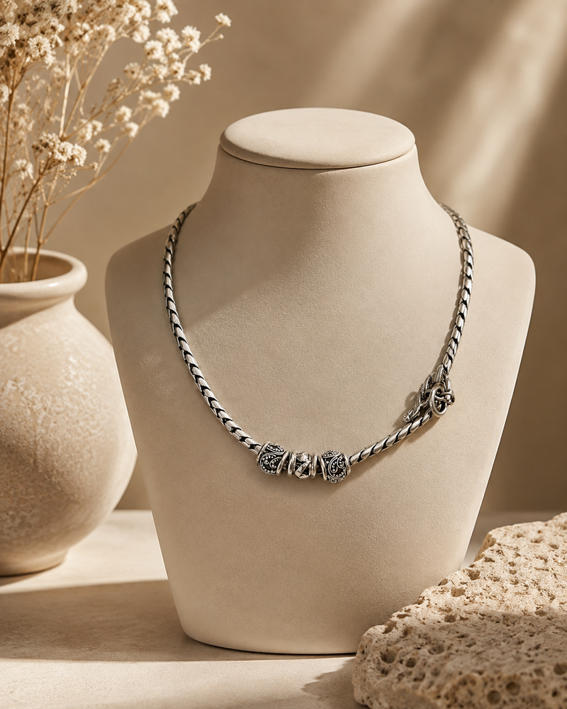 Lois Hill Sterling Silver Necklace with Three Ornate Slide Beads – 16"