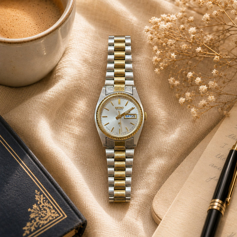 Vintage Seiko Stainless Steel Quartz Watch – Classic Day Date Design
