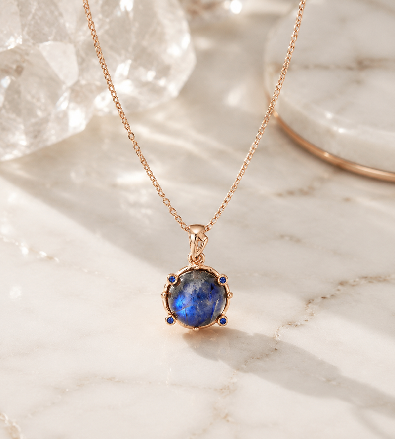 22K Pink Gold Plated Spectrolite & Blue Sapphire Sterling Silver Necklace