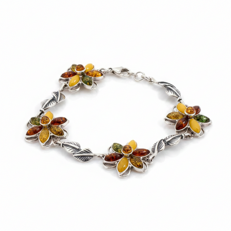 SS Multi Flower Bracelet – Elegant Silver with Amber Flower Design
