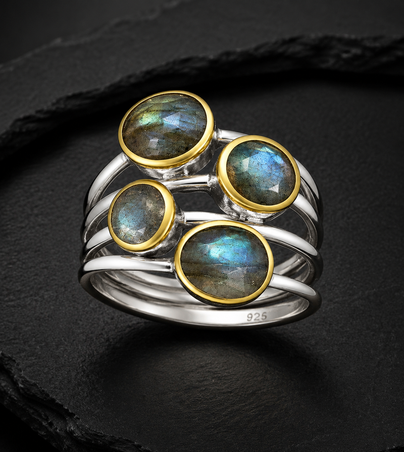 Sterling Silver Multi-Stone Labradorite Ring, 18K Yellow Gold Plated