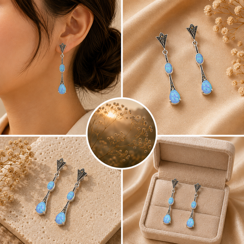 Sterling Silver Lab Opal & Marcasite Drop Earrings