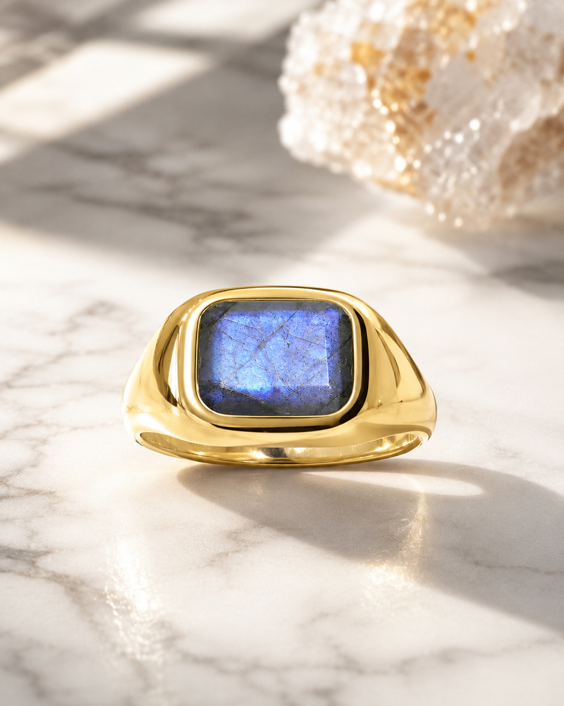 Sterling Silver Labradorite Solitaire Chain Link Ring, 18K Yellow Gold Plated