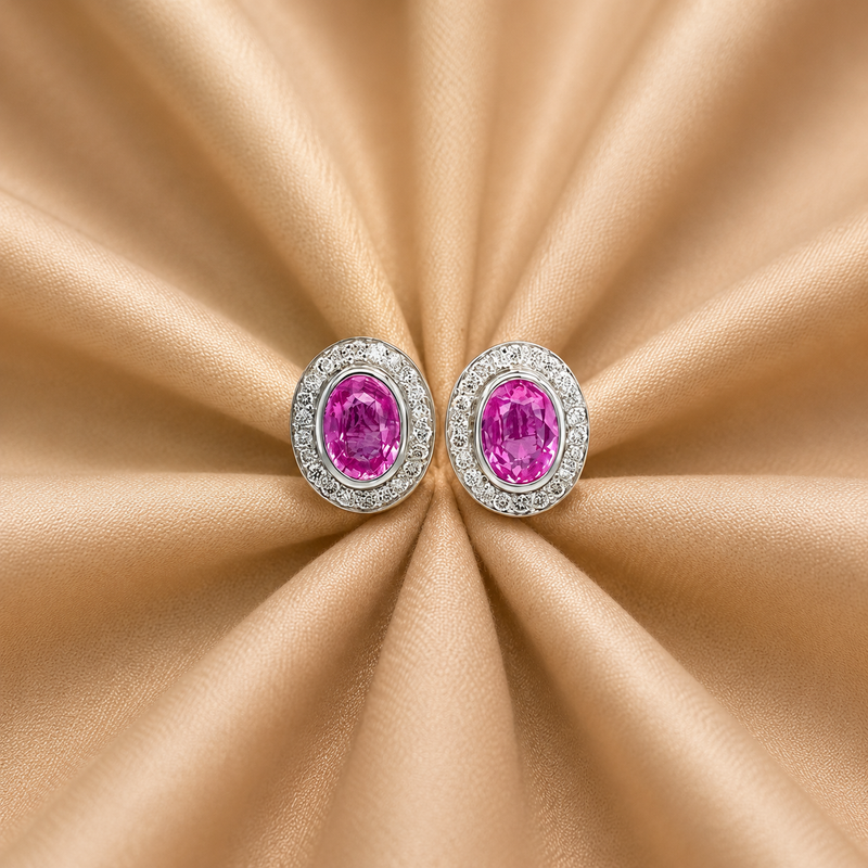 Pink Sapphire Halo Earrings – 14K White Gold