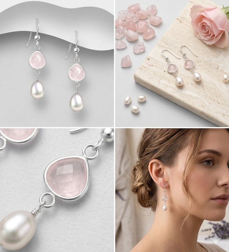 Sterling Silver Hook Earrings with Freshwater Pearls & Rose Quartz