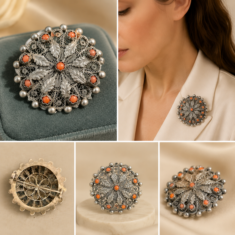 Vintage 800 Silver Coral Filigree Pin Brooch
