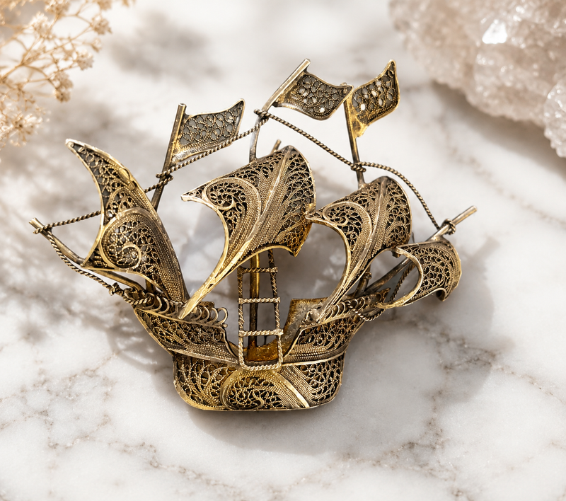 Vintage Brass & 800 Silver Filigree Galleon Brooch – Sailing Ship Pin – Intricate Maritime Statement Jewelry